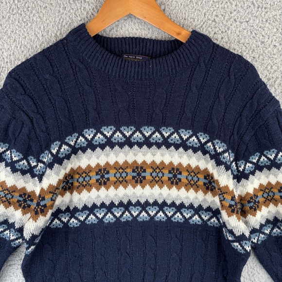 Vintage JC Penney Sweater Mens L Navy Nordic Fair Isle Cable Knit Pullover 80s - Picture 2 of 6